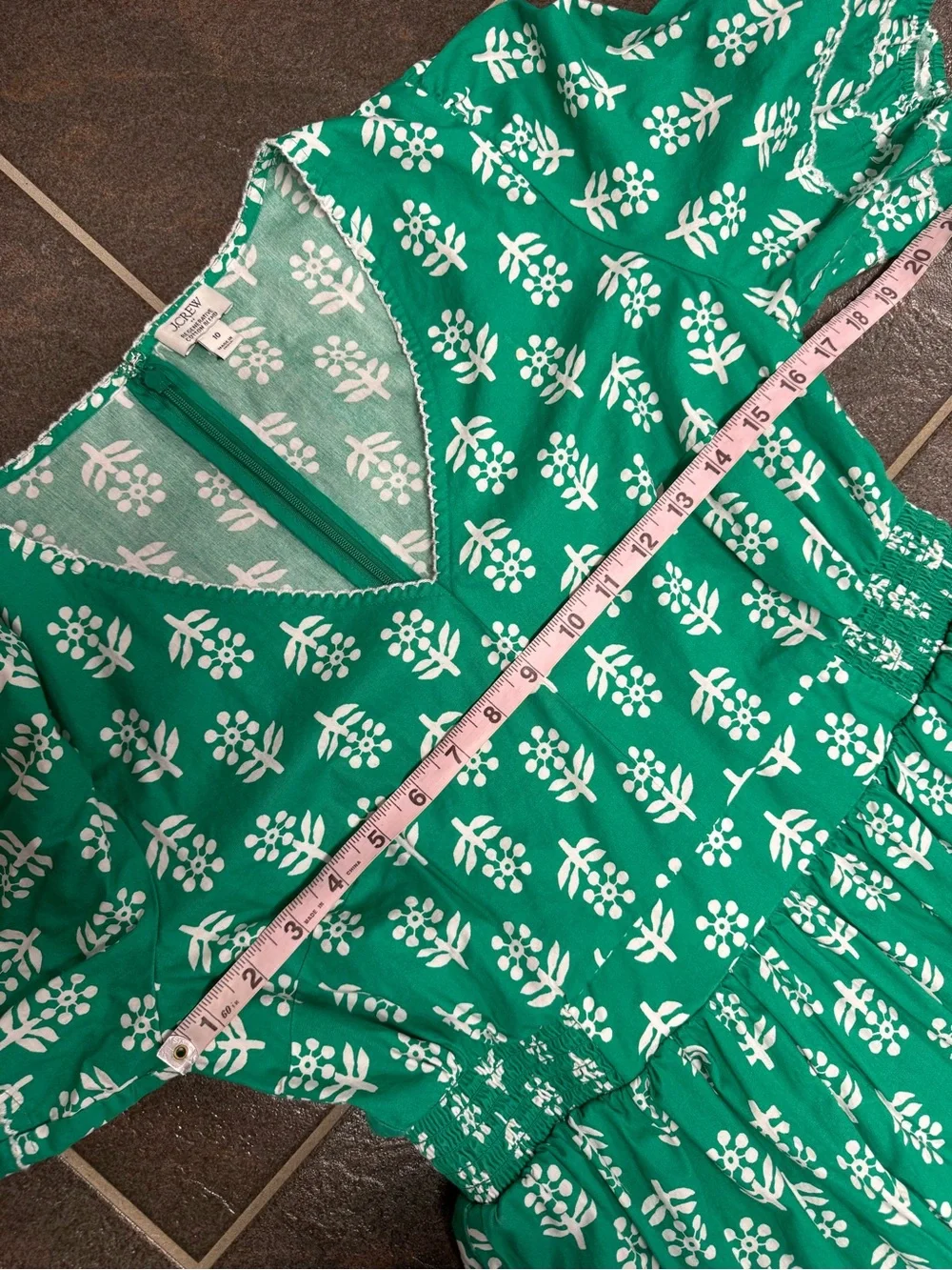 J. Crew Factory Block-Print Puff-Sleeve Midi Dress Emerald Beryl 10